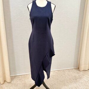 Cinq à Sept Navy Sleeveless Asymmetrical Ruffle Midi Dress Size 10